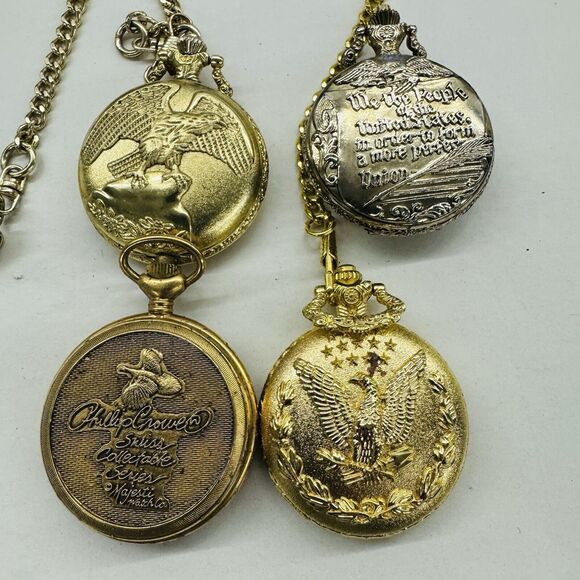 Pocket Watches Gold Tone American Patriotic Eagle Lot of 4 Untested Parts Repair - Picture 10 of 10